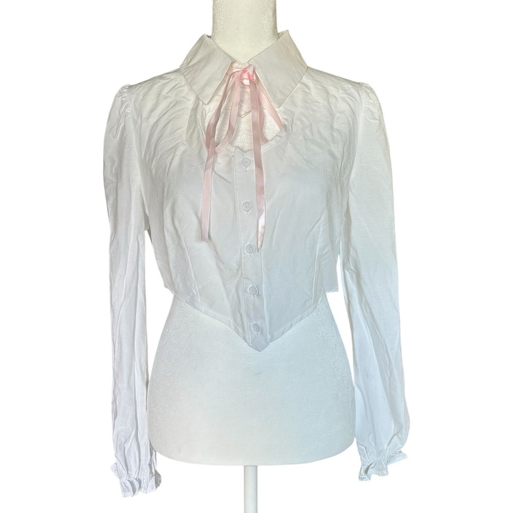 Romwe White Puff Sleeve Cropped Blouse Pink Bow Fairycore Cottagecore NWT S